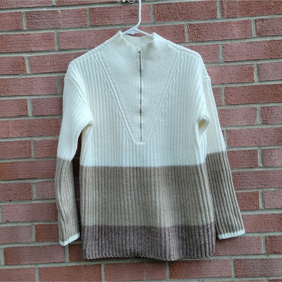 Talbots Blocked Stripe Half Zip Pullover Sweater Cream Tan Small - Picture 2 of 5